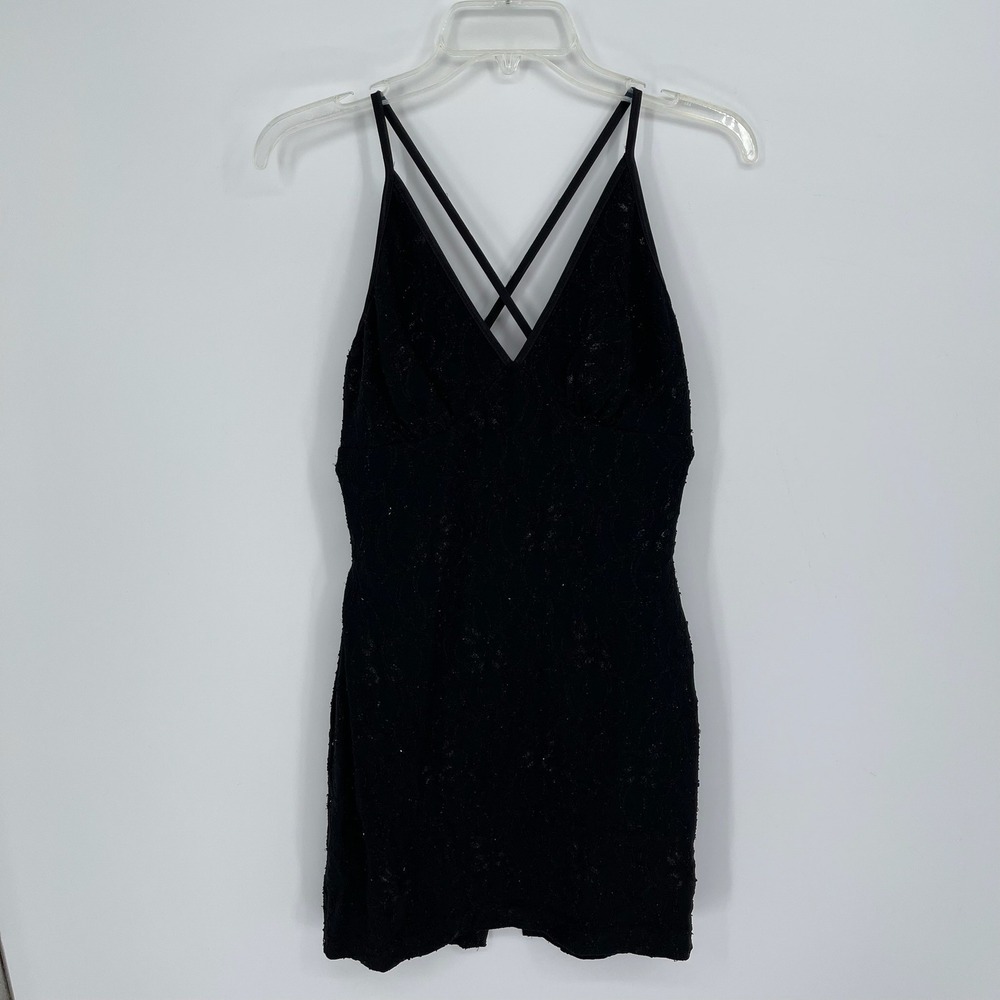 Roberta Vintage Women's Black Lurex Glitter Lace Strappy Mini Dress Size Medium